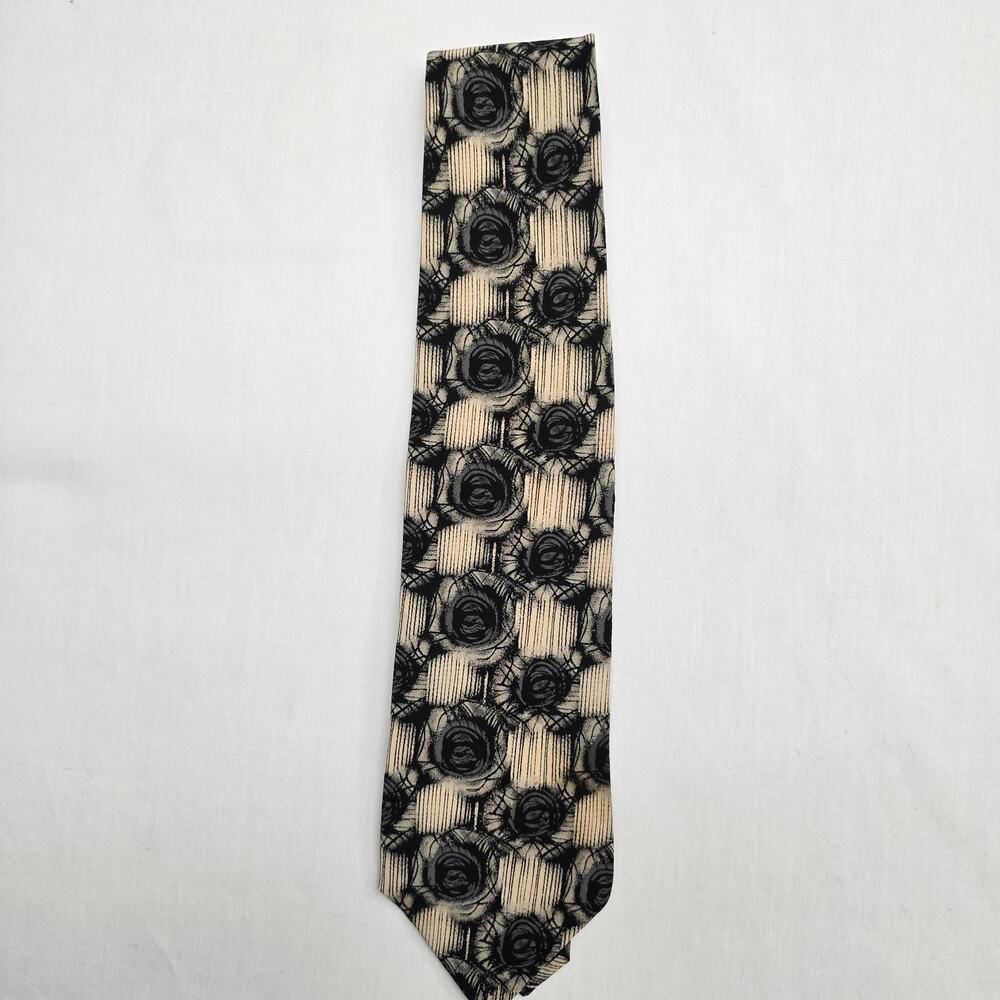 Zylos George Machado 100% Silk Neck Tie Black Beige Rose Design Tie